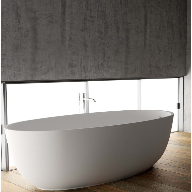 Matte White Oval Freestanding Solid Surface Bath Tub, 66-inch