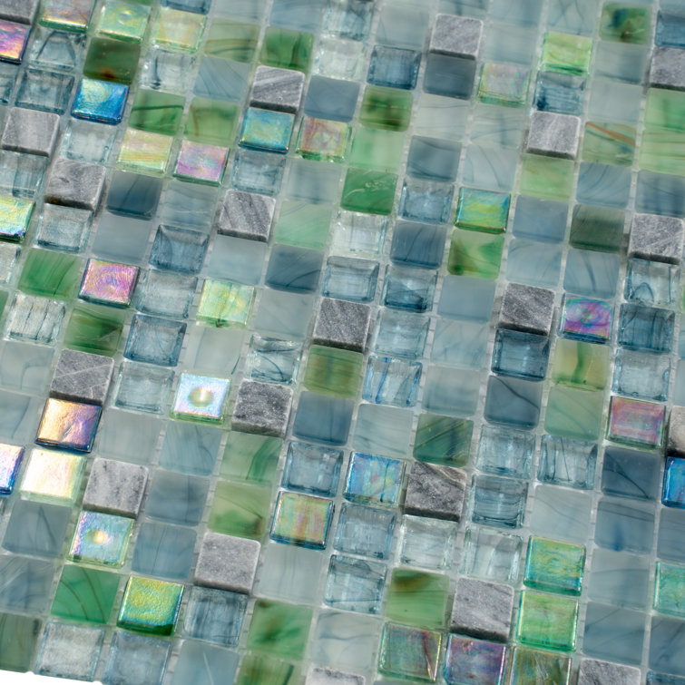 11.6" Blue and Green Iridescent Glass Mosaic Tile
