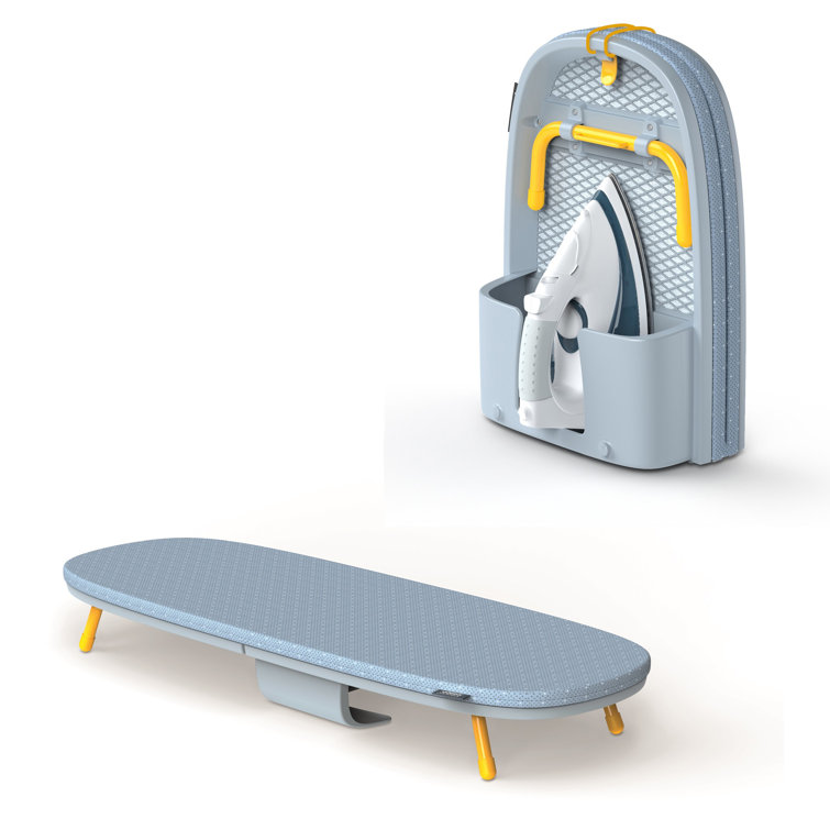 Compact Grey and Yellow Folding Tabletop Ironing Board with Iron Holder