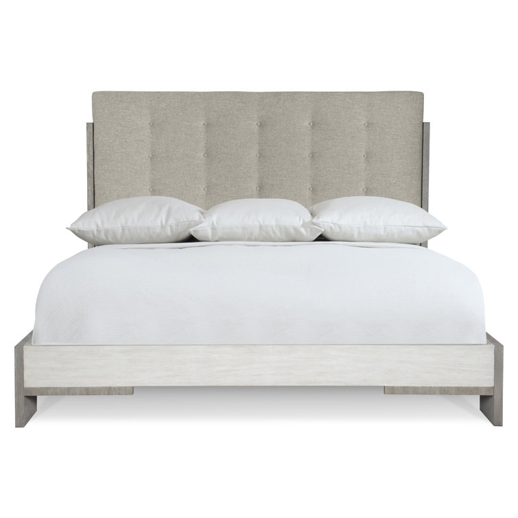 Gray Queen Upholstered Bed with Tufted Linen Headboard