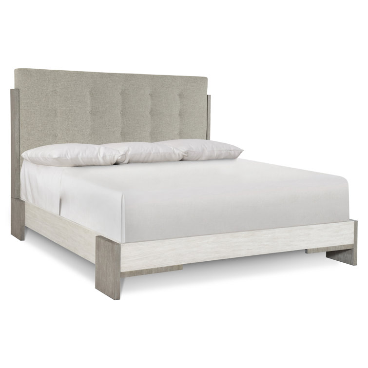 Gray Queen Upholstered Bed with Tufted Linen Headboard
