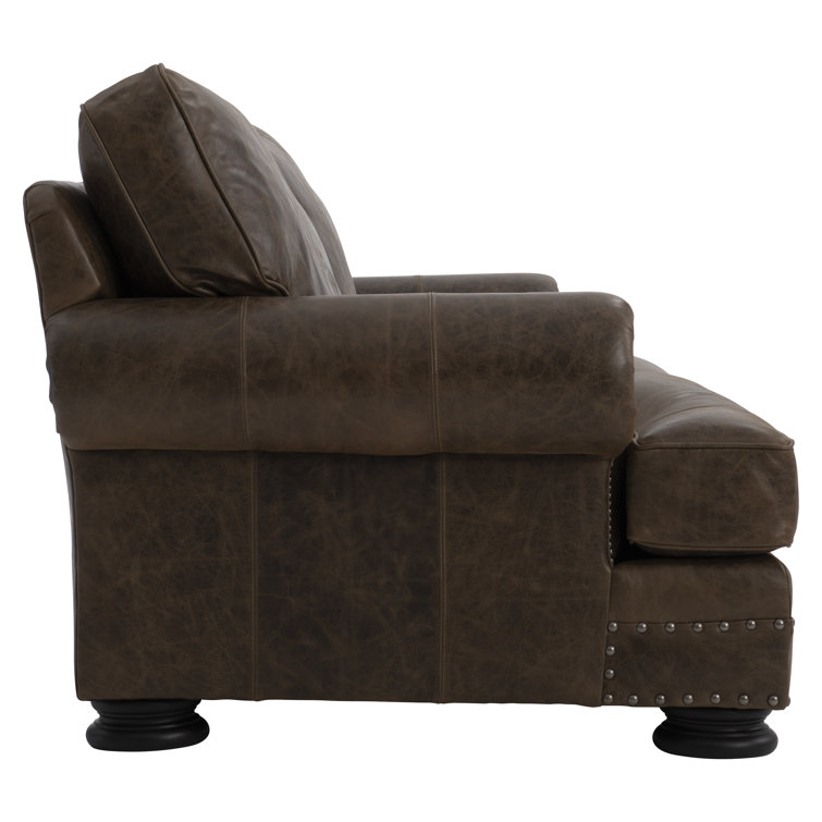 Molasses Brown Leather Sofa with Rolled Arms and Nailhead Trim