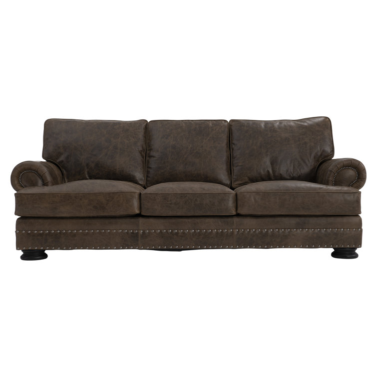 Molasses Brown Leather Sofa with Rolled Arms and Nailhead Trim