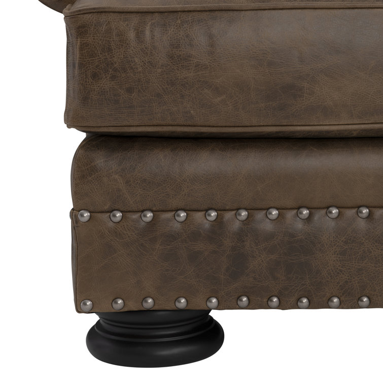 Molasses Brown Leather Sofa with Rolled Arms and Nailhead Trim