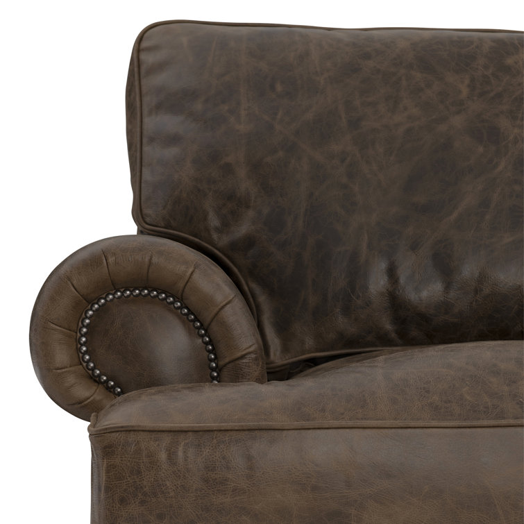 Molasses Brown Leather Sofa with Rolled Arms and Nailhead Trim