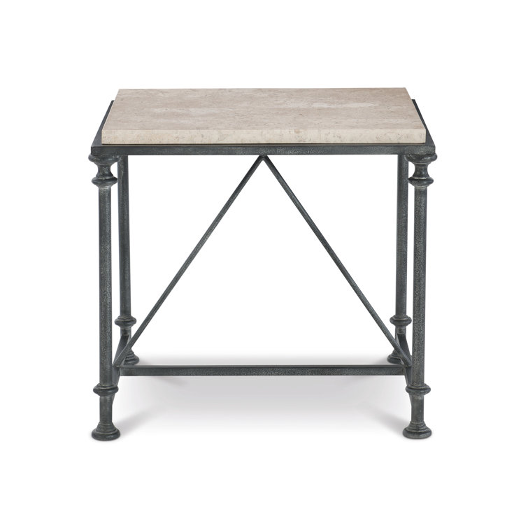 Galesbury 22" Beige Travertine Stone and Black Metal End Table