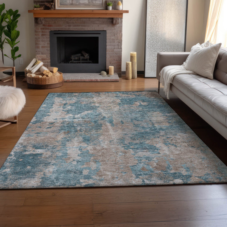 Teal and Beige Rectangular Washable Synthetic Rug, 3' x 5'