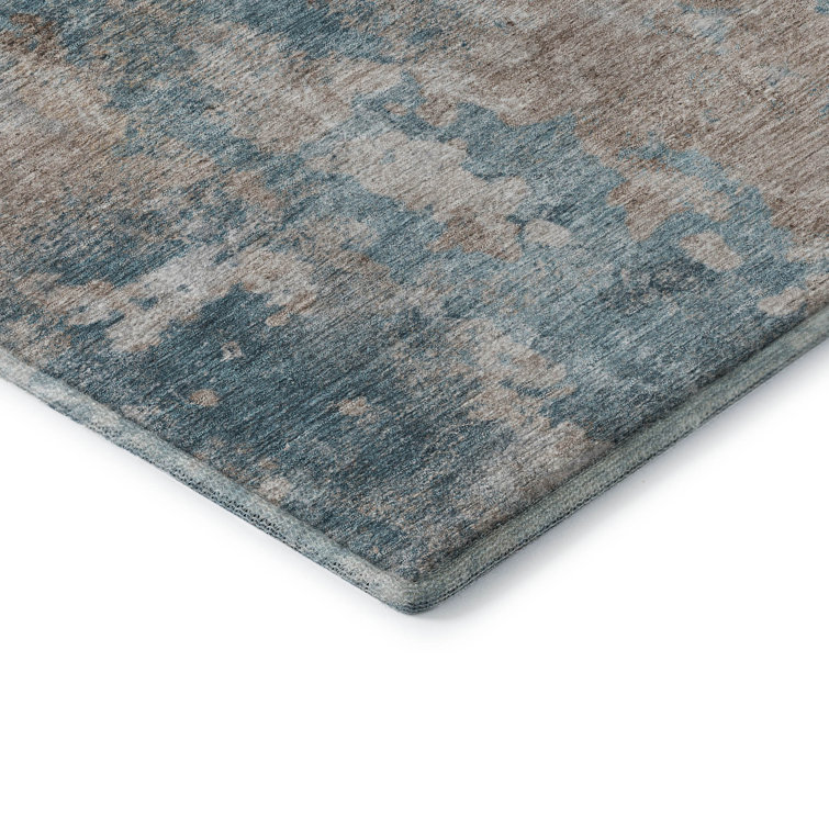 Teal and Beige Rectangular Washable Synthetic Rug, 3' x 5'