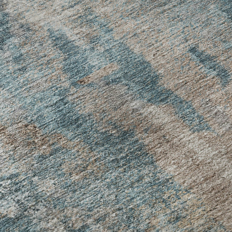 Teal and Beige Rectangular Washable Synthetic Rug, 3' x 5'