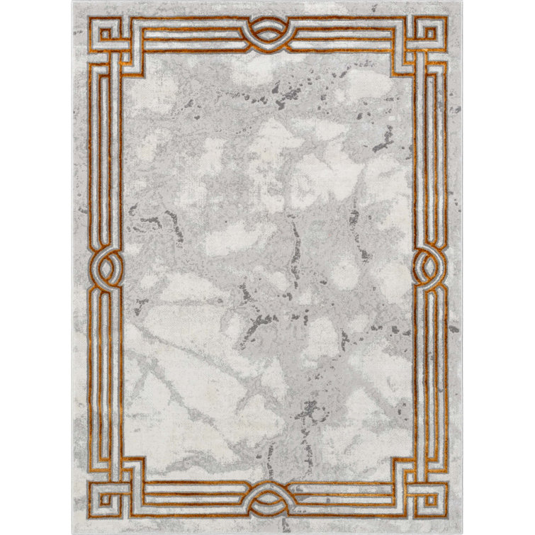 Ivory and Gold Abstract Geometric Border Area Rug