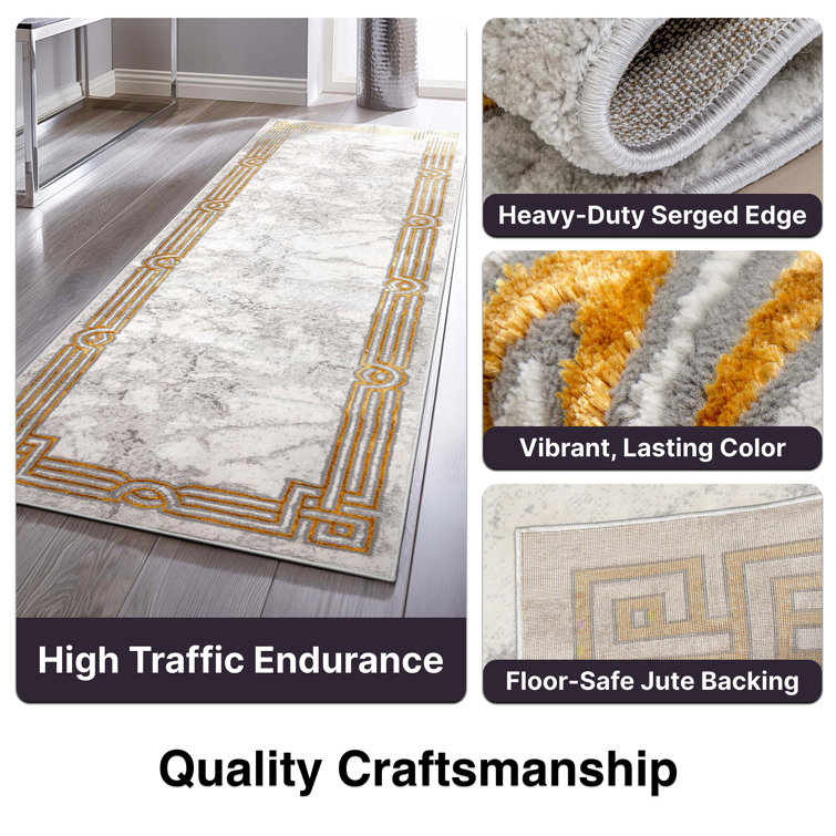 Ivory and Gold Abstract Geometric Border Area Rug