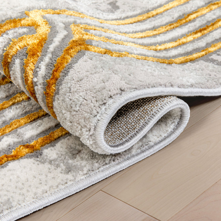 Ivory and Gold Abstract Geometric Border Area Rug