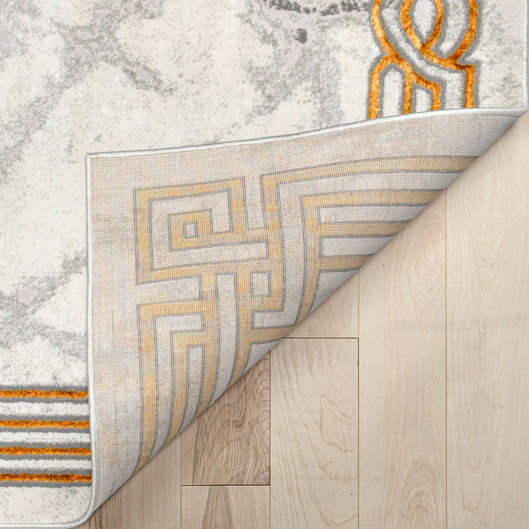 Ivory and Gold Abstract Geometric Border Area Rug