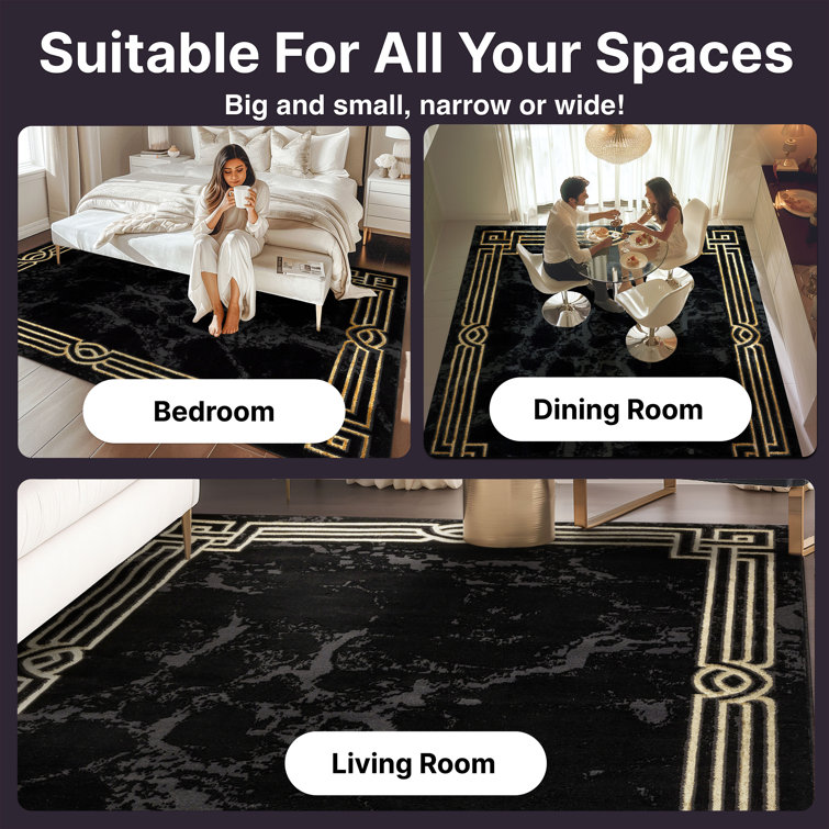 Black and Gold Abstract Rectangular Synthetic Area Rug 5'3" x 7'3"