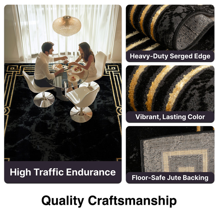 Black and Gold Abstract Rectangular Synthetic Area Rug