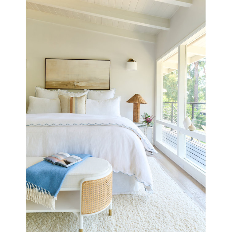 White Linen Euro Sham with Blue Embroidered Scallops