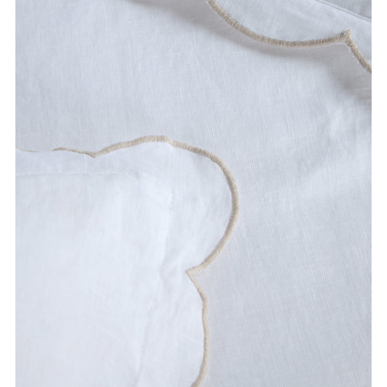 Queen White Linen Duvet Cover with Scalloped Edges
