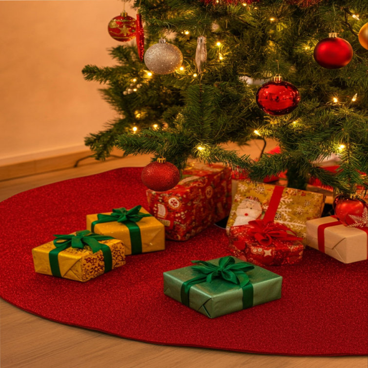 Red Sparkling Glitter Felt Christmas Tree Skirt, 28-inch