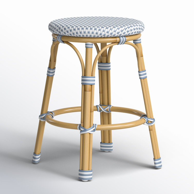 Blue and Natural Wicker Patio Counter Stool with Metal Legs