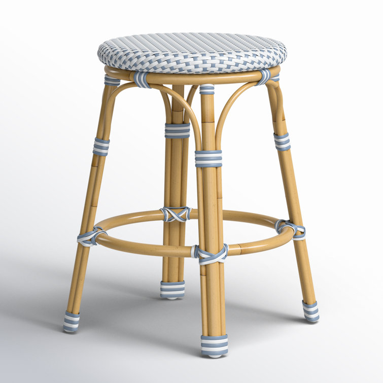 Blue and Natural Wicker Patio Counter Stool with Metal Legs