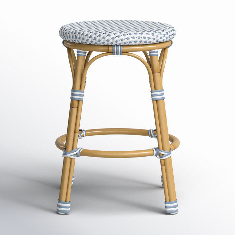 Blue and Natural Wicker Patio Counter Stool with Metal Legs