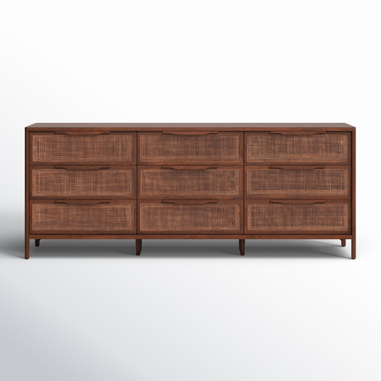 Brown Wash Mango Wood 9-Drawer Dresser with Cane Fronts