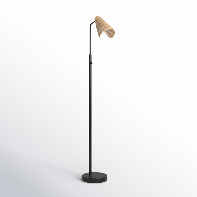 Adjustable Black Metal Floor Lamp with Natural Rattan Shade