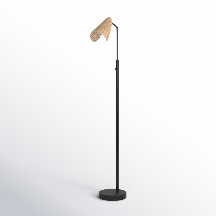 Adjustable Black Metal Floor Lamp with Natural Rattan Shade