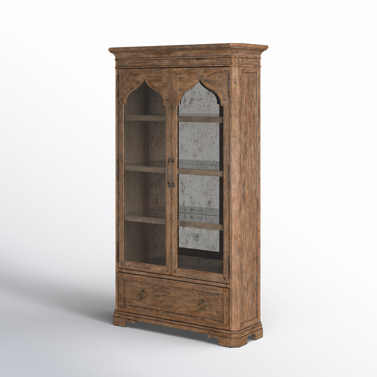 Rustic Lighted Oak Veneer China Cabinet with Glass Doors