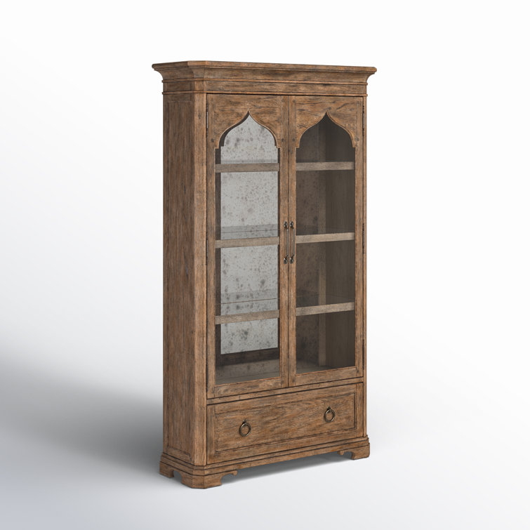 Rustic Lighted Oak Veneer China Cabinet with Glass Doors