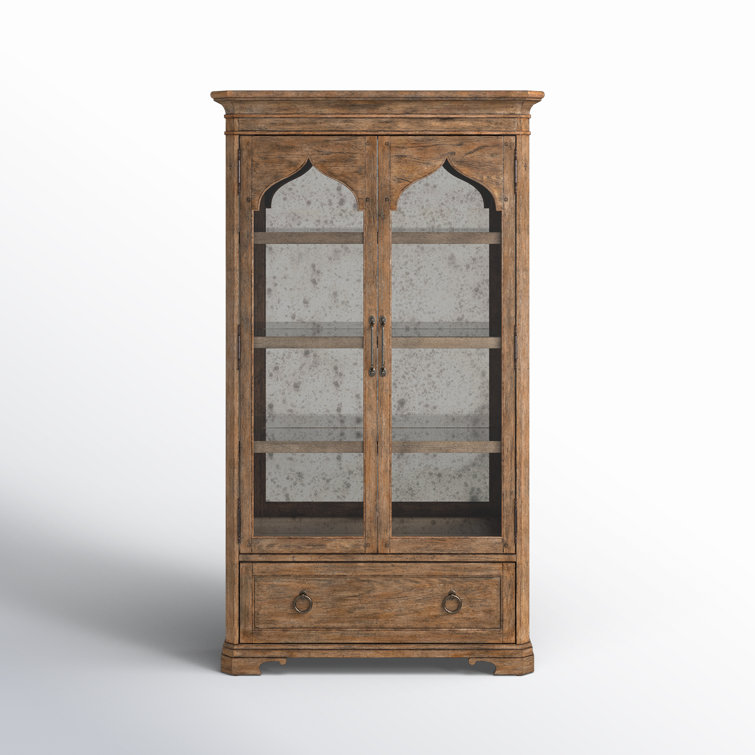 Rustic Lighted Oak Veneer China Cabinet with Glass Doors