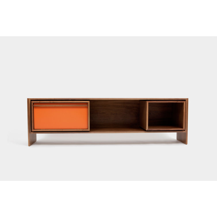 Medium Walnut TV Stand with Orange Door and Cabinet