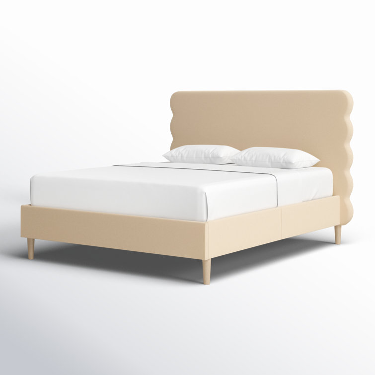 Queen Fawn Brown Velvet Upholstered Platform Bed with Wavy Headboard
