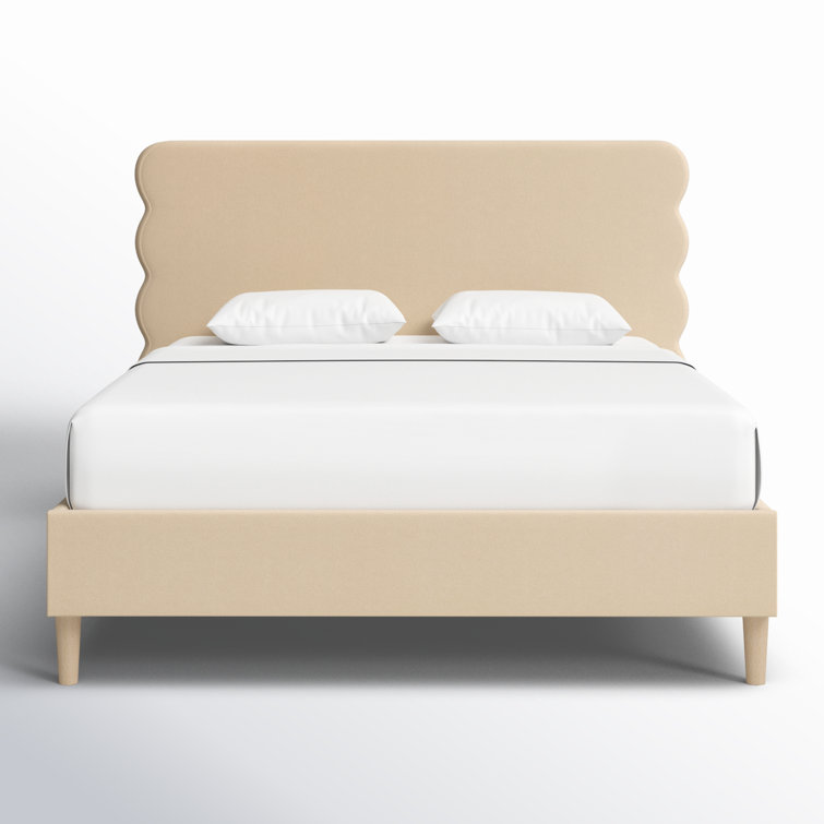 Queen Fawn Brown Velvet Upholstered Platform Bed with Wavy Headboard