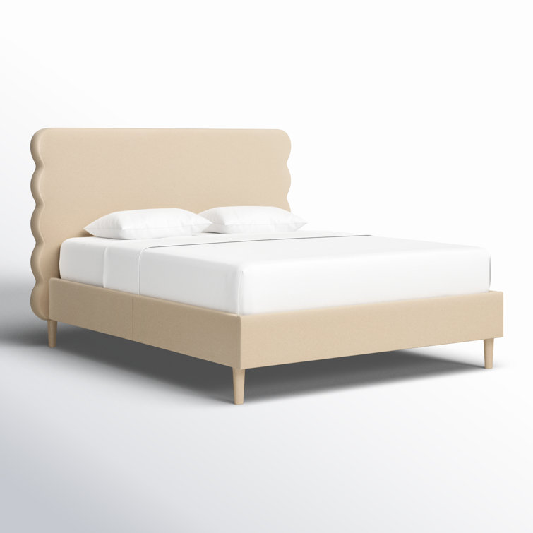 Queen Fawn Brown Velvet Upholstered Platform Bed with Wavy Headboard