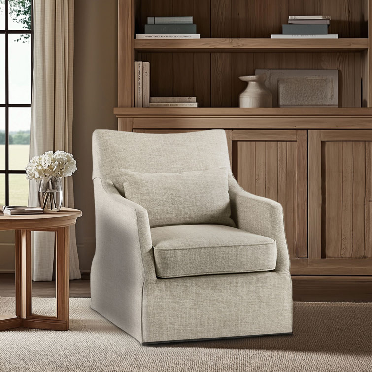 Beige Skirted Swivel Armchair with Lumbar Pillow