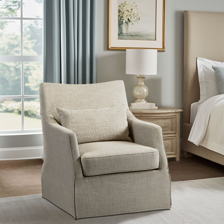 Beige Skirted Swivel Armchair with Lumbar Pillow
