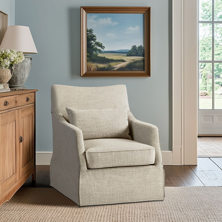 Beige Skirted Swivel Armchair with Lumbar Pillow