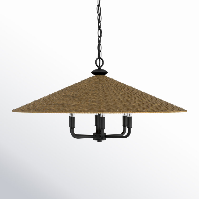 Matte Black and Natural Rattan 30" 6-Light Pendant