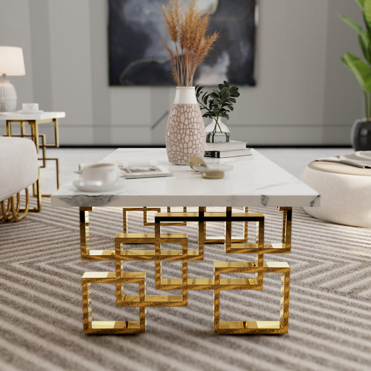 White and Gold Geometric Base Living Room Table Set, 3 Pieces