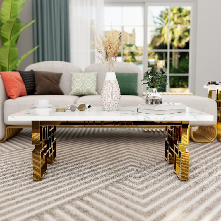 White and Gold Geometric Base Living Room Table Set, 3 Pieces
