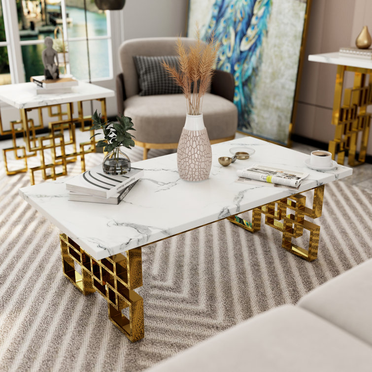 White and Gold Geometric Base Living Room Table Set, 3 Pieces
