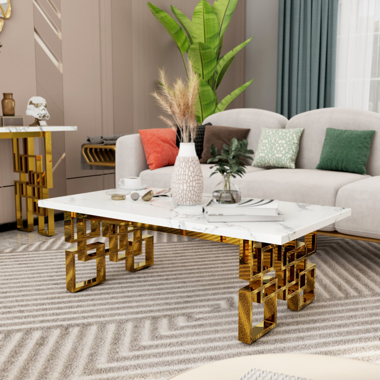 White and Gold Geometric Base Living Room Table Set, 3 Pieces