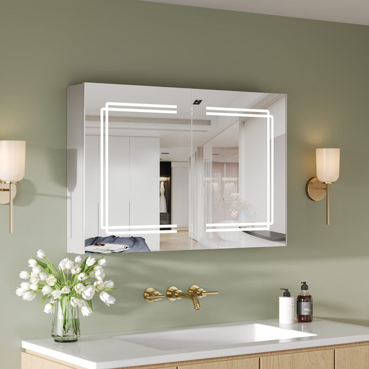 Silver Aluminum LED Medicine Cabinet with Mirror and Bluetooth Speaker