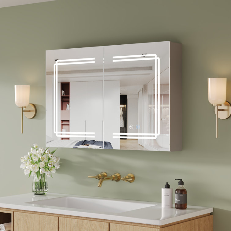 Silver Aluminum LED Medicine Cabinet with Mirror and Bluetooth Speaker