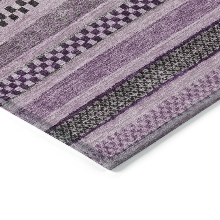 Plum and Gray Striped Washable Indoor/Outdoor Rug 3' x 5'