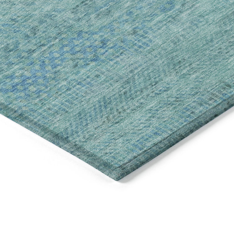 Aqua and White Striped Washable Synthetic 3' x 5' Rug