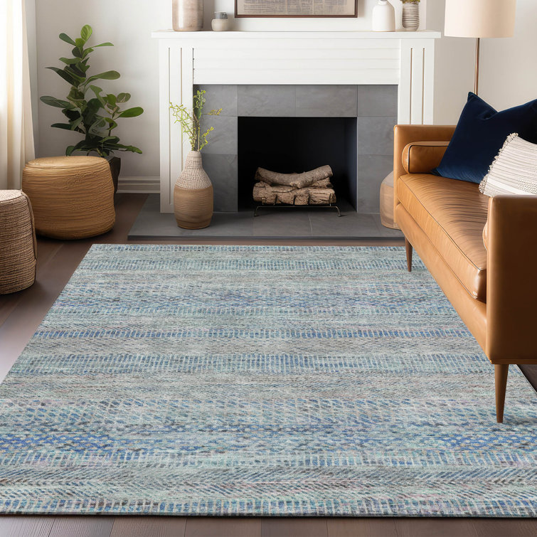 Blue and Gray Stripe Synthetic 8' x 10' Washable Rug
