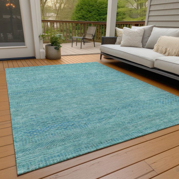 Aqua and White Striped Washable Synthetic 3' x 5' Rug