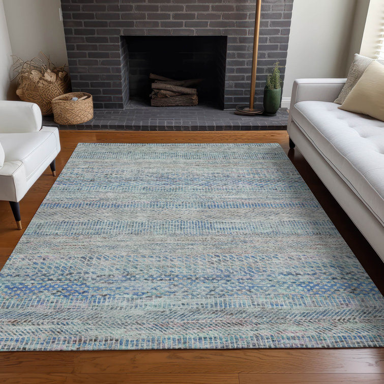 Blue and Gray Stripe Synthetic 8' x 10' Washable Rug